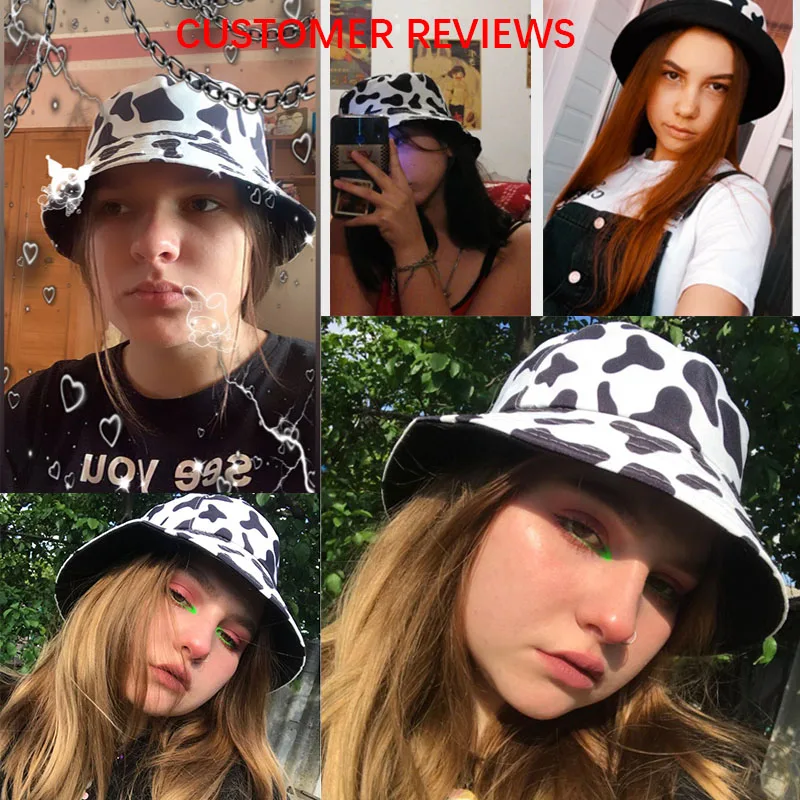 New Fashion Reversible Black White Cow Pattern Bucket Hats Fisherman Caps For Women Gorras Summer