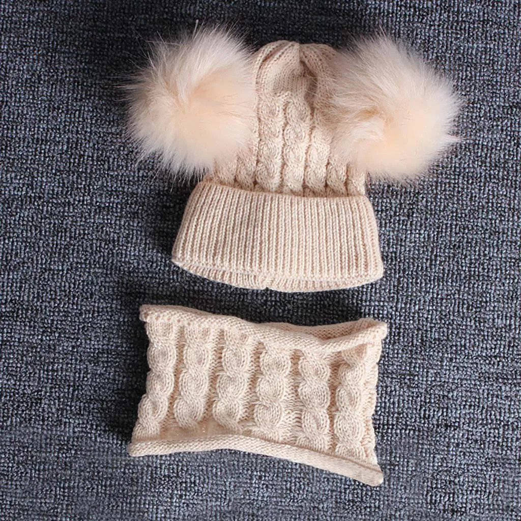 2PCS Kid Baby Hat Knitting Wool Hemming Keep Warm Winter Hiarball Cap Hat+Scarf Set Toddlers Cap Autumn Winter Fashion
