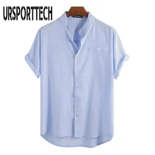 URSPORTTECH 2020 Summer Men's Shirt Casual Breathable Short Sleeve Shirts Men Fashion Beach Loose Stand Collar Thin Tops Blouse