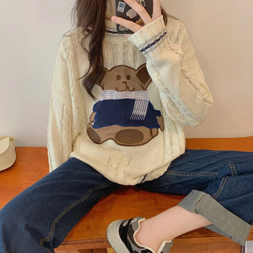 

Women Autumn Winter Round Collar Twist Sweater Long Sleeve Loose Steric Bear Knitted Pullovers Cute Female Jumper School Style