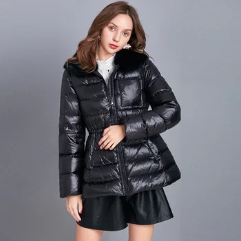 

Women Luxury Down Jacket Brand Ultra Light White Duck Down Coat Large Real Rabbit's Fur Collar Sash Tie Up Female Down Parkas