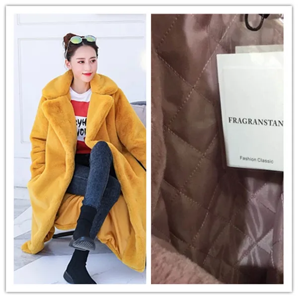 warm liner yellow Зимняя женская Высококачественная шуба из искусственного меха кролика Роскошная длинная шуба Свободное пальто с отворотом толстые теплые женские плюшевые пальто больших размеров - Цвет: warm liner yellow