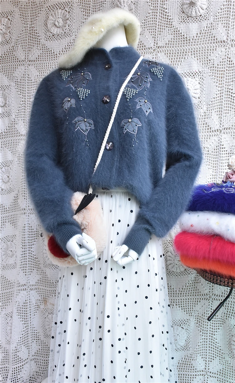 Модный винтажный женский свитер, осенняя теплая одежда из меха Ангоры и кролика, ручная вязка, вышитая бисером, цветочное пальто, кардиганы, куртка