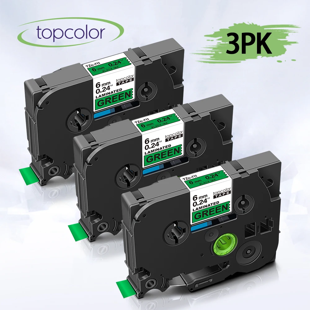 Topcolor 3PK Label Tape tze 711 Compatible Brother tze-711 tz711 Black on Green 6mm for Maker PT-1000 PT-H108 107 | Компьютеры и офис