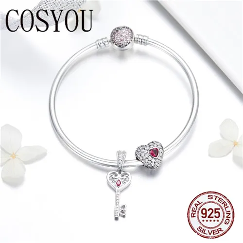 Ceny COSYOU 2019 autentyczne 925 srebro słodkie serce miłość klucz kształt Charm bransoletki dla kobiet CZ Sterling Silver biżuteria SCB817