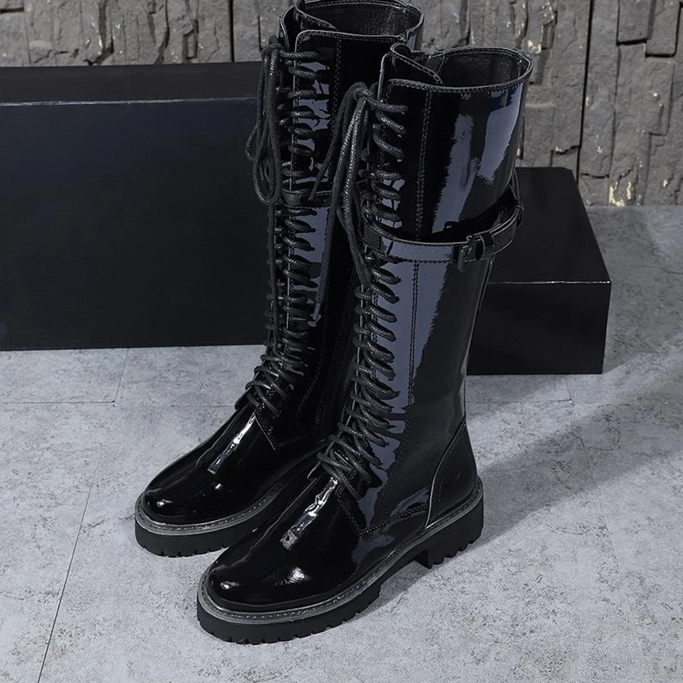 

BELLECOM New Autumn 2019 Women's Boots Lacquer Leather Tie British Retro High-boot Slim Locomotive Boots1