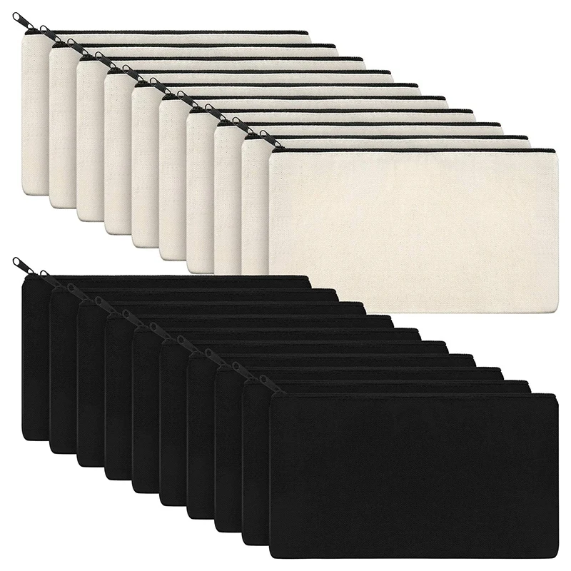 Bolsas de maquillaje de lona para 20 piezas, bolsa con cremallera, estuche para lápices, bolsas para manualidades en blanco, bolsa de cosméticos para viajes, bricolaje, escuela
