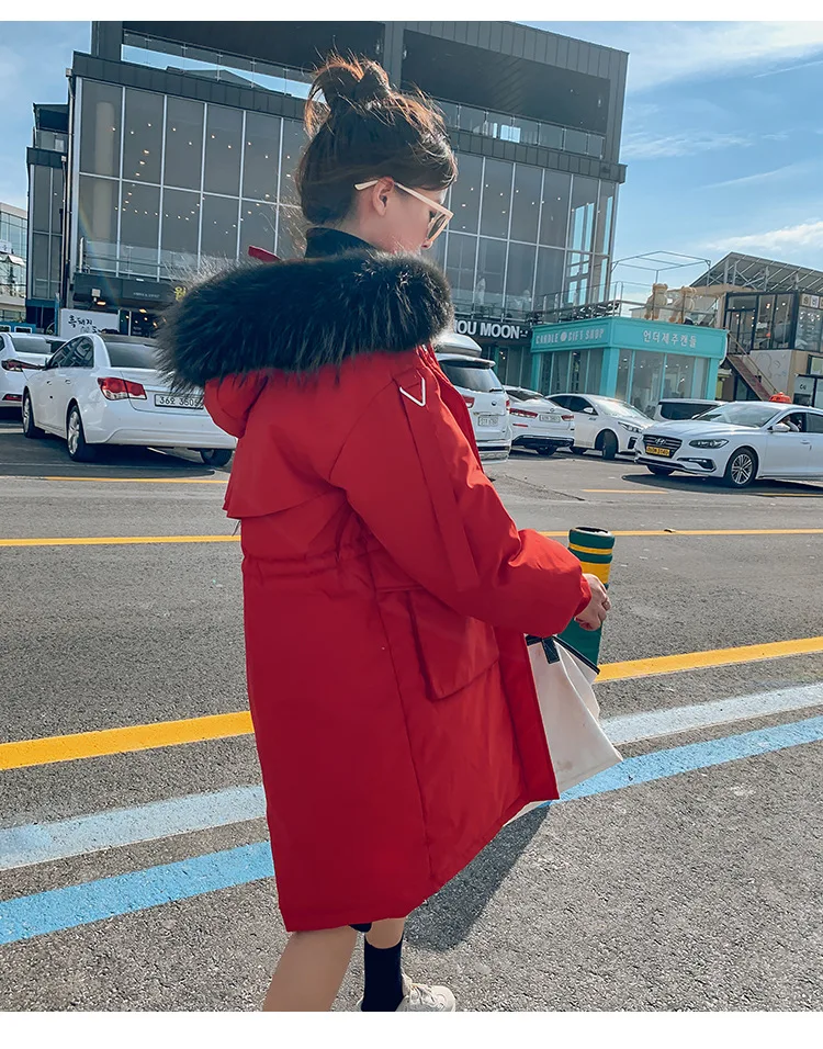 Winter jacket women Korean Version Mid-long Three-dimensional Pocket Large Hair Collar Down Cotton Clothes