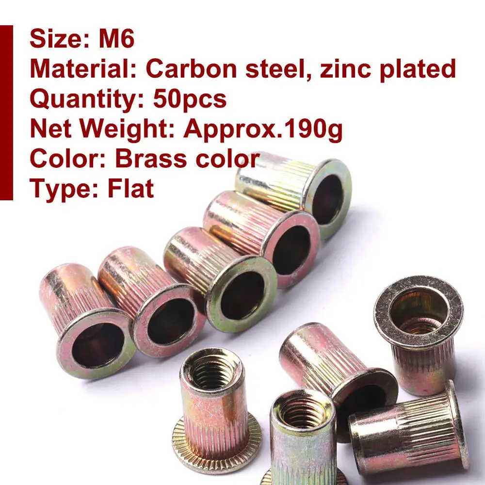 50Pcs M6 Rivet Nut Zinc Plated Carbon Steel Hollow Rivets Flat Head