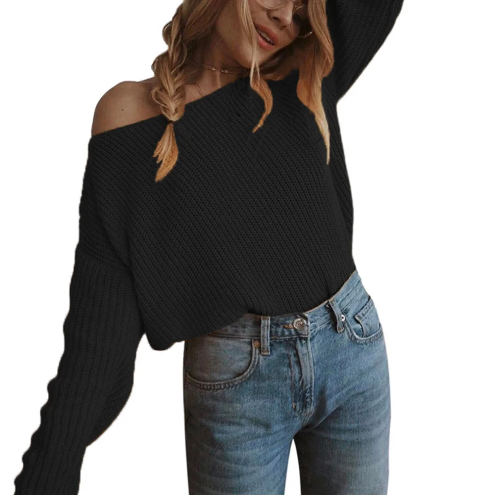 

2019 Autumn Winter Women Plus Size 3XL Fashion Off One Shoulder Solid Sweater Casual Top Loose Knitted Pullovers Sweater Clothes
