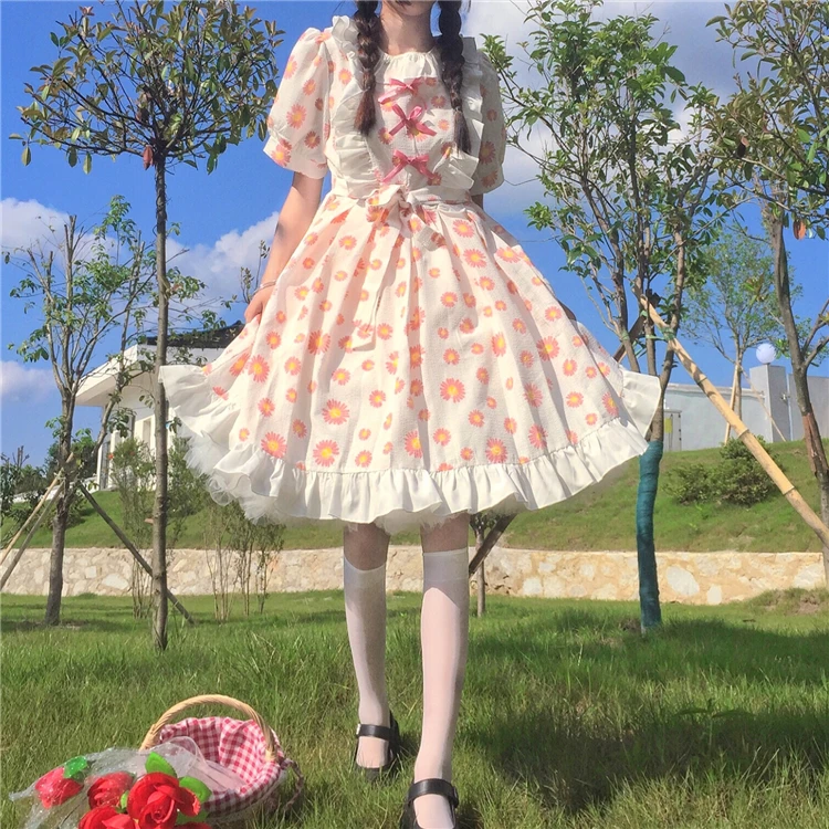 2020 Summer Soft Girly Ruffled Puff Sleeve Floral Printed Lady Dress Female Japanese Sweet Kawaii Cute Lolita Style Women Dress