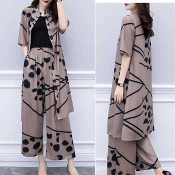 

2 Piece Set Elegant Chiffon Pants Suits Women Long Cardigan Blouse And Wide Leg Pant Sets Spring Summer Fashion