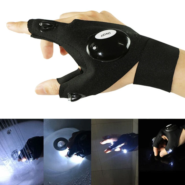 1 Pair Outdoor Fishing Magic Strap Fingerless Gloves Night Light Waterproof Fishing Gloves with LED Flashlight