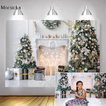

Christmas Backdrop Photography Fireplace White Living Room Winter Merry Xmas Background Christmas Trees Candle Gifts Photo Shoot