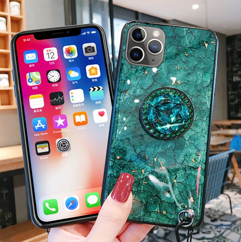 Luxury Diamond Cute Hair Ball Lanyard Bracket Soft Case For iphone X XR XS 11 pro MAX 7 8 6S plus 3D Bling Crystal Holder Cover