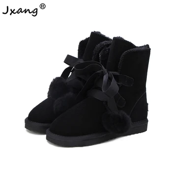 

JXANG Top Quality Fashion Women Snow Boots Genuine Cowhide Leather Boots Warm Winter Boots Women Lace Up Boots US 3-13