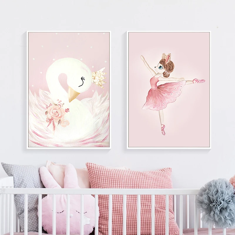 Розовая детская девочка настенные цветок Холст Картина лошадь Лебедь плакаты на скандинавскую тему и принты настенны