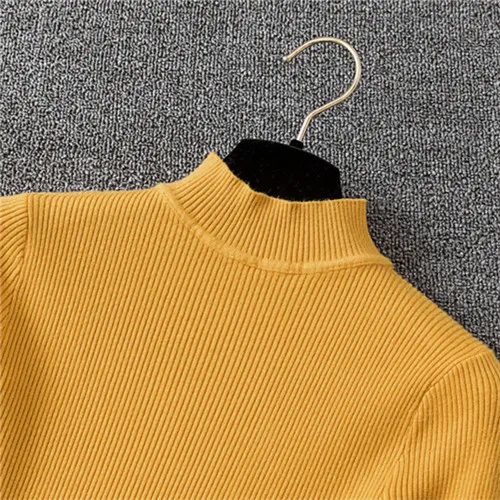 Черный, белый, розовый, желтый, синий женский свитер с высоким воротом осень зима теплый тонкий длинный рукав базовый вязаный пуловер Джемпер - Цвет: Цвет: желтый