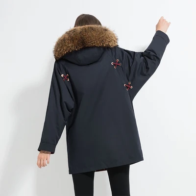 DARK BLUE Меховые парки размера плюс, на шнуровке, с воротником из натурального меха енота, с капюшоном, с подкладкой из кроличьего меха, пальто для женщин, зимняя повседневная одежда оверсайз - Цвет: DARK BLUE