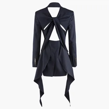 

iMucci 2020 Spring New Navy Blue Suit Long Sleeve Irregular Blazer With Knotted Back Sexy hollow out vintage Fashion TM1156