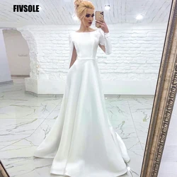 Fivsole Simple Satin Long Sleeves Wedding Dresses Modest Scoop Neck Floor Length Women Bridal Gowns Vintage Vestido De Noiva