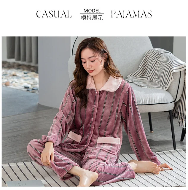 Inverno quente flanela jovem mulher pijamas pijamas senhora pijama  conjuntos listrado coral velo pijamas mujer casa terno M-XXXL - AliExpress
