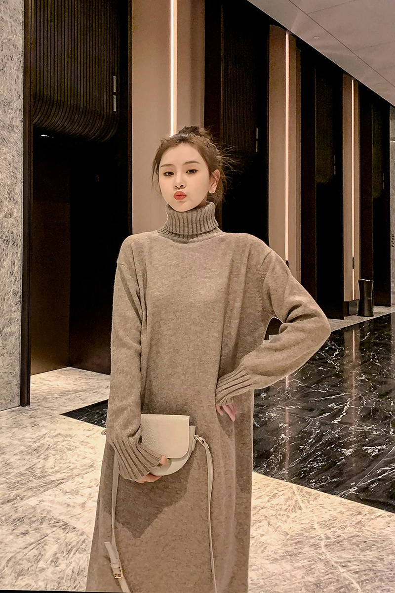 1012# Autumn Winter High Neck Knitted Maternity Long Sweaters Loose Straight Pullovers Dress Clothes for Pregnant Women Nursing
