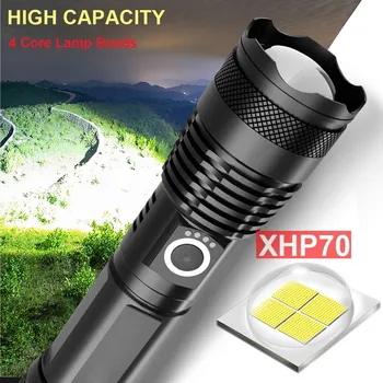 

LED Zoom Flashlight XHP70 Torch USB Rechargeable Waterproof Lamp Ultra Bright Push Switch white light Hiking Led Flash Light