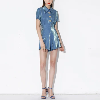 

Seifrmann Summer Fashion Designer Suit Blue Women High Street Lapel Single Breasted Tops＋High waist Ladies Shorts Two Pieces Set