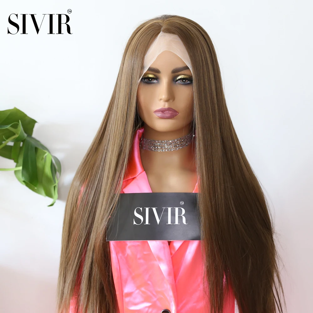 Wig Hair-Wigs Lace-Part Natural-Hairline Brown Sivir Color Straight Synthetic Long Women