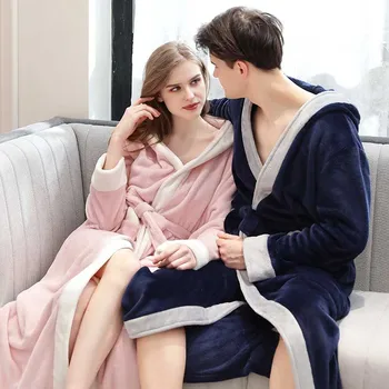 

Flannel Hooded Couples Thicken Belt Bathrobe Long Men Night With Bedgown Gown Housedress