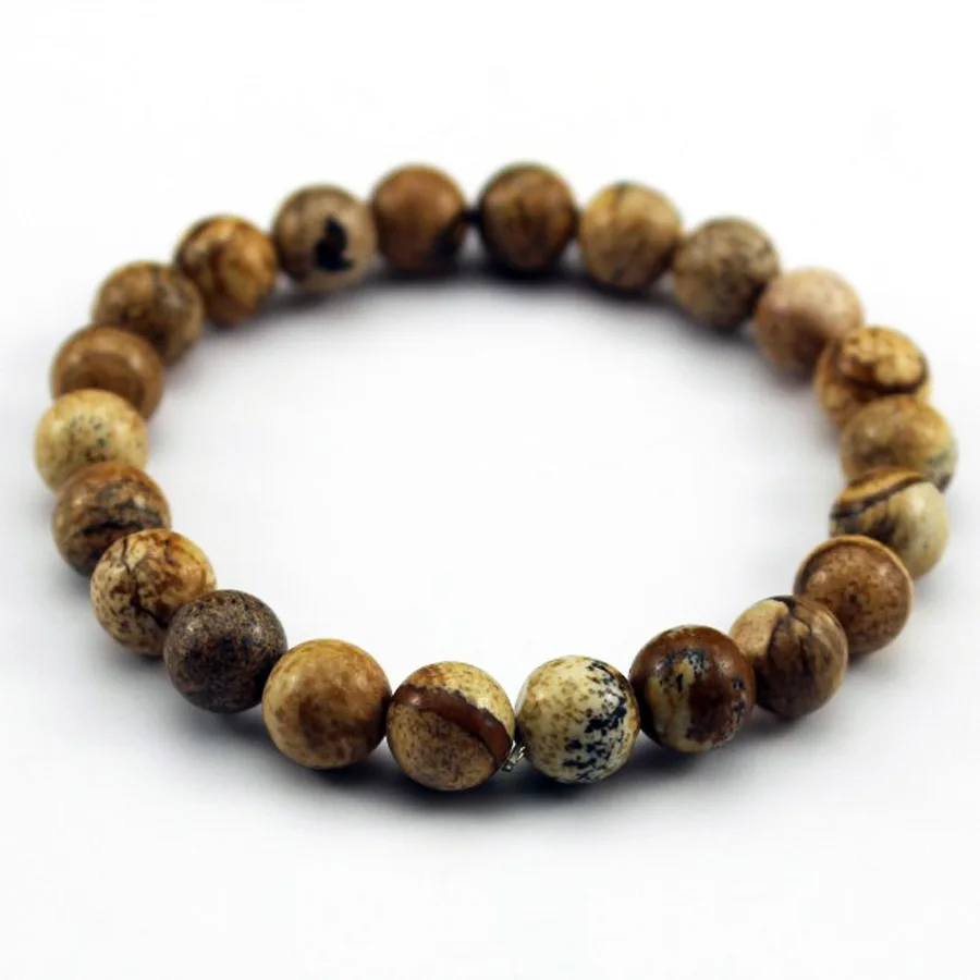 Picture Jasper Натуральный мужской браслет с бисерамы 8 мм натуральный камень вулканическая порода тигровый глаз черный ониксовый матовый бусины из лечебных камней стрейч Шарм Йога женские ювелирные изделия - Окраска металла: Picture Jasper