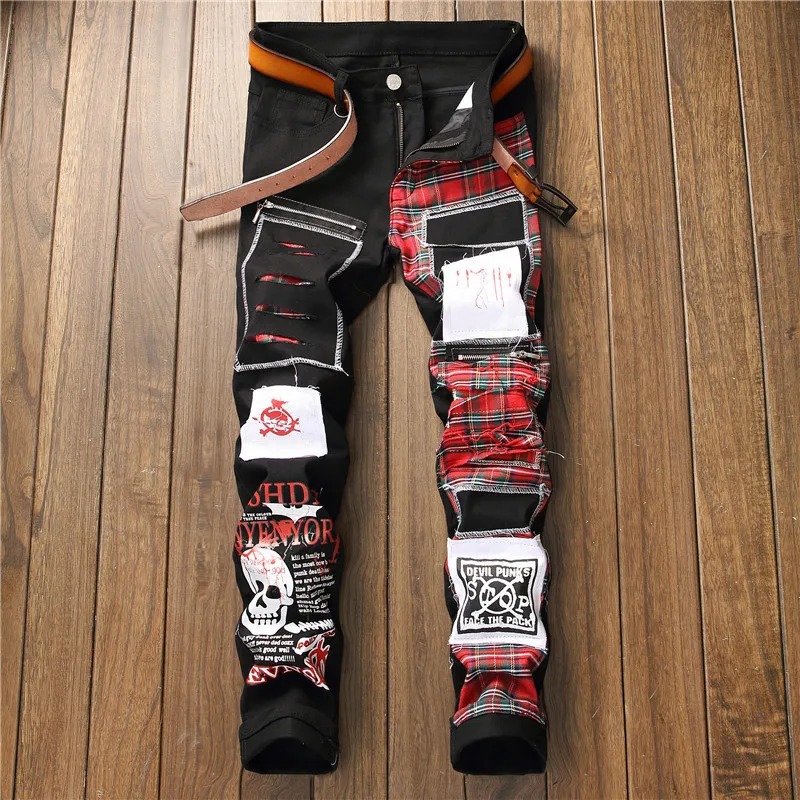 

design autumn and winter new men's hole patching pants color cloth alternative splicing men's slim slim straight jeans