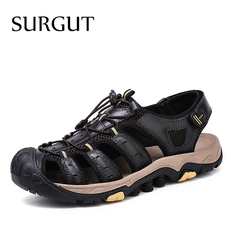 02 Black SURGUT/Новинка года; Мужская обувь; мужские сандалии из натуральной кожи; Летняя мужская обувь; пляжная обувь; мужские модные уличные повседневные кроссовки; размер 48 - Цвет: 02 Black