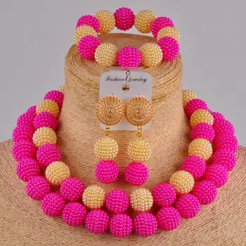

fuchsia pink and champagne gold african necklace jewelry set simulated pearl costume necklace nigerian beads set FZZ99