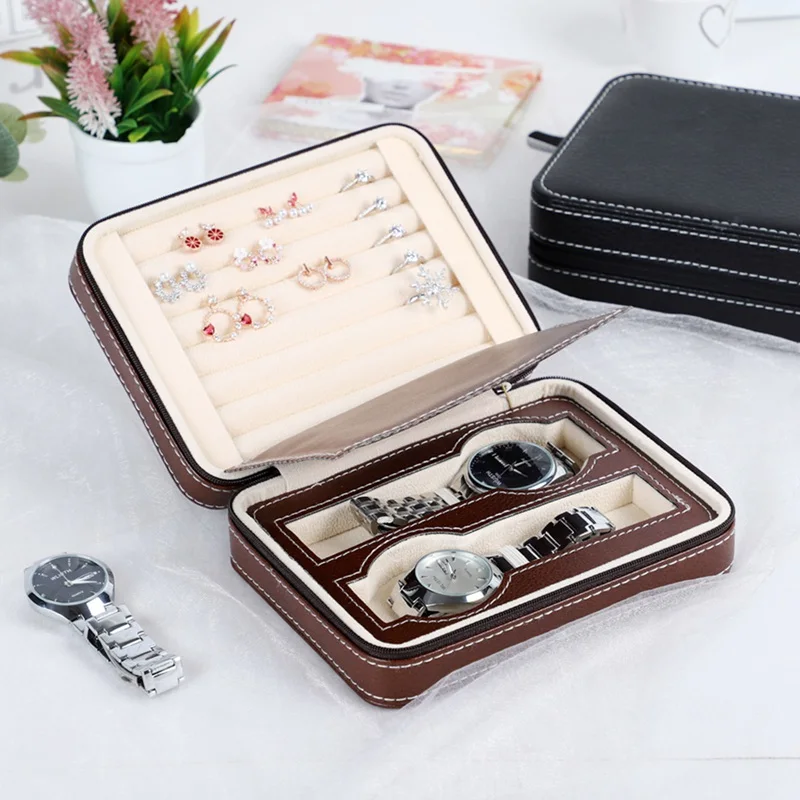 New Wooden Watch Ddisplay Box Light Red Wooden Portable Faux Leather Jewelry Display Container Jewelry Gift Box
