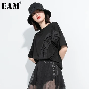 

[EAM] Women White Pleated Split Joint Temperament T-shirt New Round Neck Half Sleeve Fashion Tide Spring Summer 2020 1U050