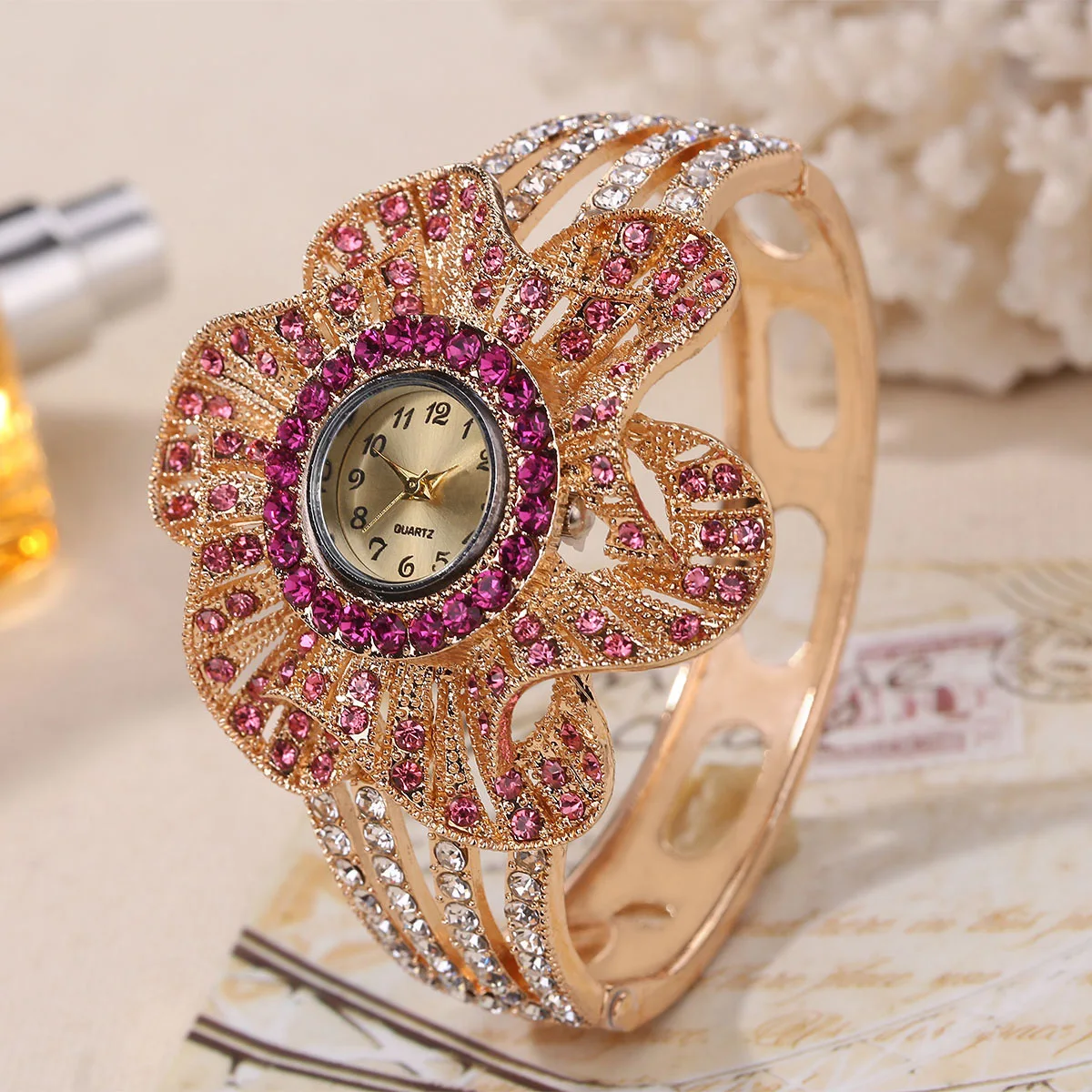 Wrist Watch Women Flower Shape Jewelry Bracelet Watches Crystal Ladies Quartz Clock - Color: Purple