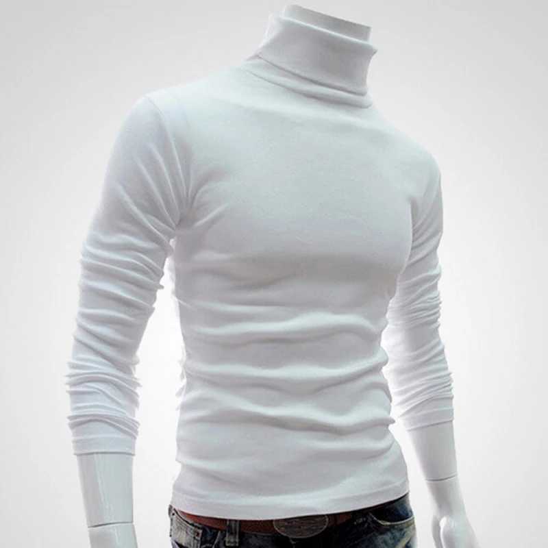Мужские зимние облегающие рубашки, пуловер, джемпер-водолазка, вязаный свитер с воротником, длинный рукав, хлопок, однотонный топ с воротником-черепашкой, Базовая футболка