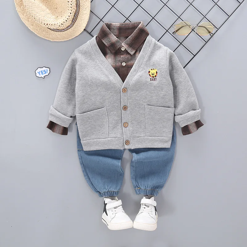 XPZ baby3F Gray Осень-зима Детский костюм детская одежда для маленьких мальчиков и девочек с принтом в виде героев мультиков Рубашки в клетку однотонные штаны 3 шт./компл. одежда для малышей из хлопка - Цвет: XPZ baby3F Gray