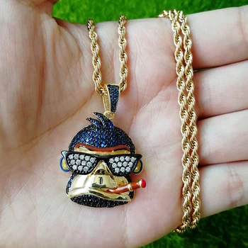 

Hip Hop Blue AAA CZ Zircon Paved Bling Iced Out Smoking Monkey Animal Pendants Necklace for Men Rapper Jewelry Gold Color