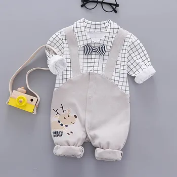 

Autumn Gentleman Rompers Printing Jumpsuit Fake Kids Boys Costumes Sets 2pcs/set Newborn Baby Boy Plaid Long Sleeve Clothing