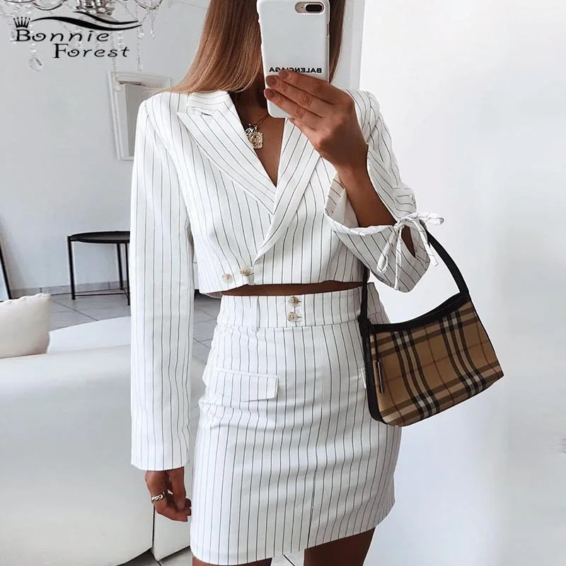 

Bonnie Forest Women Striped Blazer Set 2 Pieces Formal Vintage Belted Blazer Jackets +Mini Skirt Sets Office Work Suits Wholesal