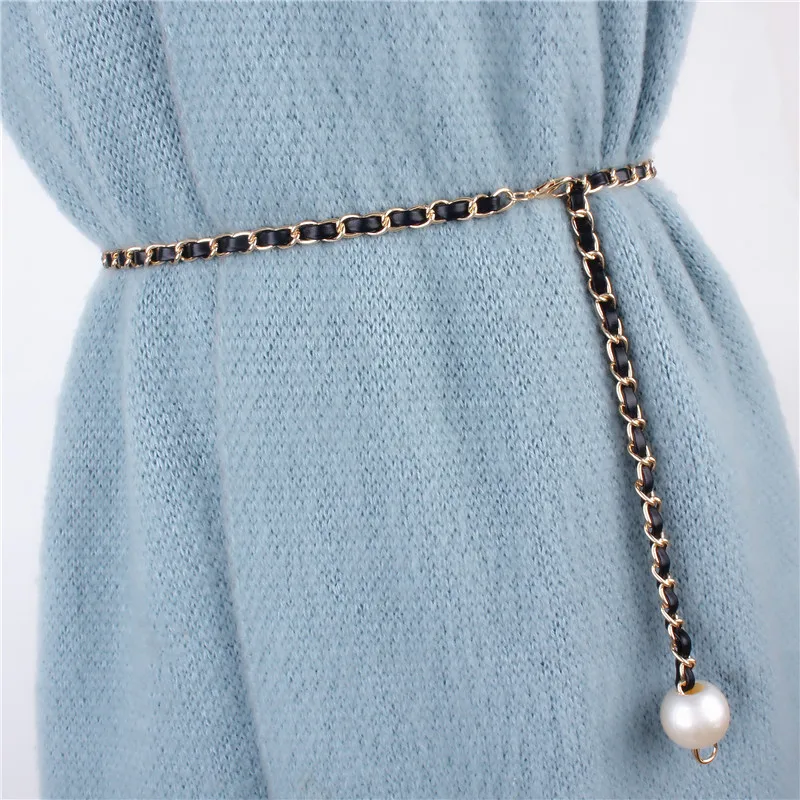 

Корейский регулируемый ремень с металлической цепочкой в стиле панк для женщин, черный пояс для брюк, цепочка для платья, искусственная кожа, жемчуг, женский