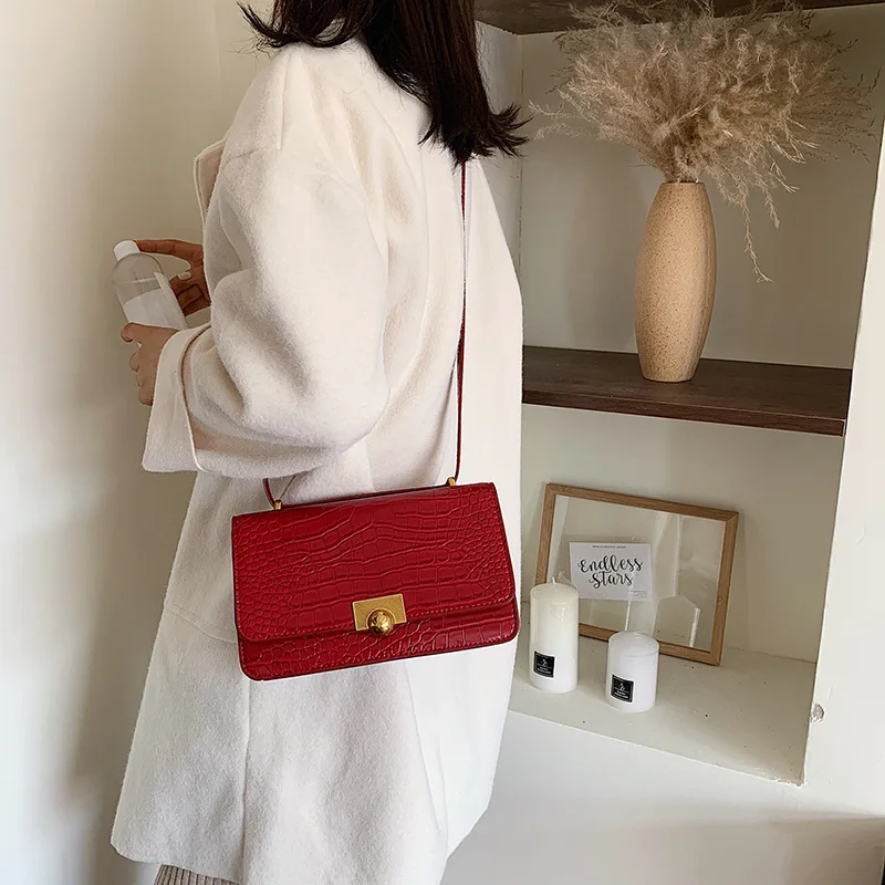 

2019 Autumn New Style WOMEN'S Bag Korean-style Simple-Style Shoulder Square Sling Bag Crocodile Pattern Solid Color WOMEN'S Bag