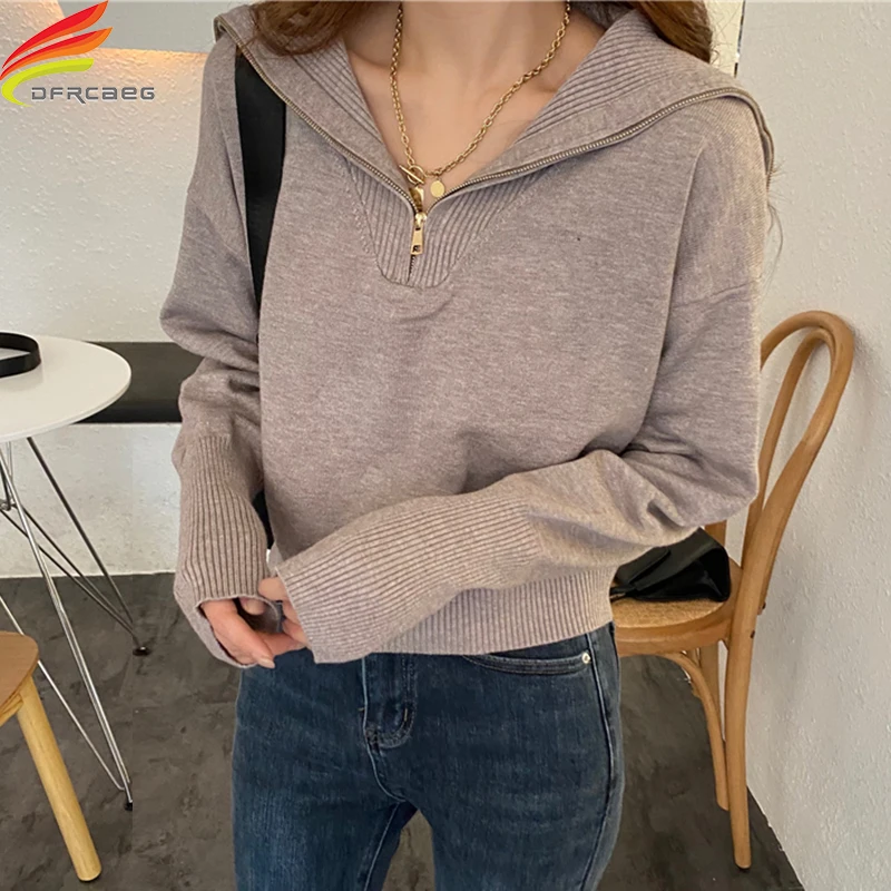 

New 2020 Autumn Winter Woman Sweaters Turn-down Collar Zipper Up Knitting Beige Black Khaki Pullovers Knit Ladies Tops Outwear
