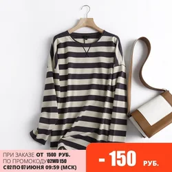 Mulheres de alta qualidade listrado impressão sweatshirts oversize manga longa o pescoço solto pullovers feminino topos 6d42