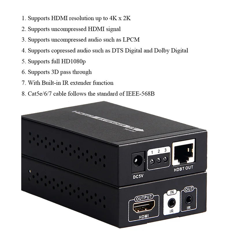 Full HD 1080p HDMI удлинитель 4K с ИК hdmi 1,4 В поддерживает 12 В адаптер питания до 70 м 3D, 4k X 2k