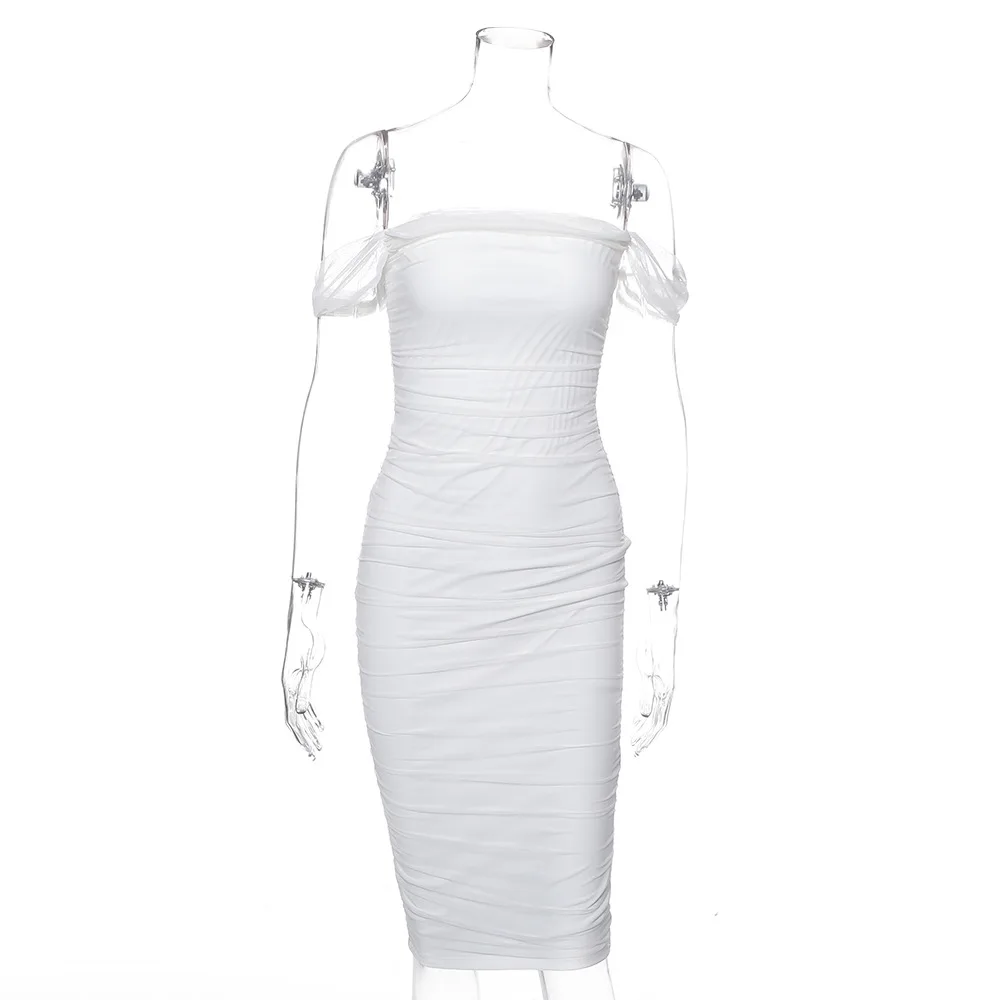 Криптографическое сексуальное Сетчатое платье с открытой спиной и рюшами для женщин, белые элегантные вечерние платья миди без бретелек, облегающее платье - Цвет: white