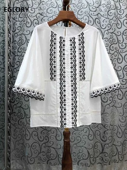 

100%Cotton Blouse 2020 Spring Summer Tops Women Exquisite Lace Embroidery Flare Sleeve Vintage White Black Loose Tops Blouses